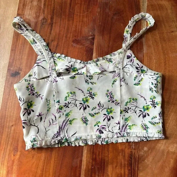 TOPSHOP US 2 Light Yellow Crop Top Ruffle Strap Tank Purple Floral Vine - Picture 7 of 7